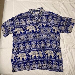 Opal Brand Hawaiian Shirt | Blue & White  Elephant Print | Made in Thailand